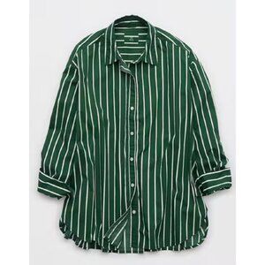 Aerie Oversized Button Down Shirt Green Stripe